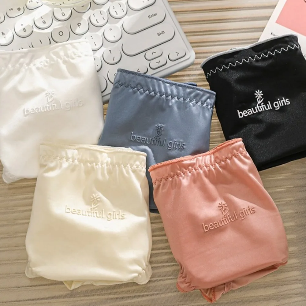 

Solid Color Ice Silk Embroidery Letter Panties Underpants Cotton Crotch Women's Ruffle Satin Silk Briefs French Style