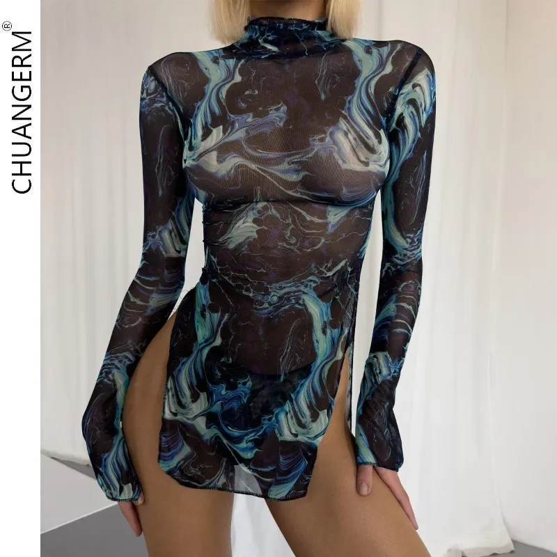 

CHUANGERM Shestyle Slit Tie Dye T-Shirt Women with Panty Colorful Turtleneck Mesh See-Through Long Sleeve Dresses Two Piece Sets