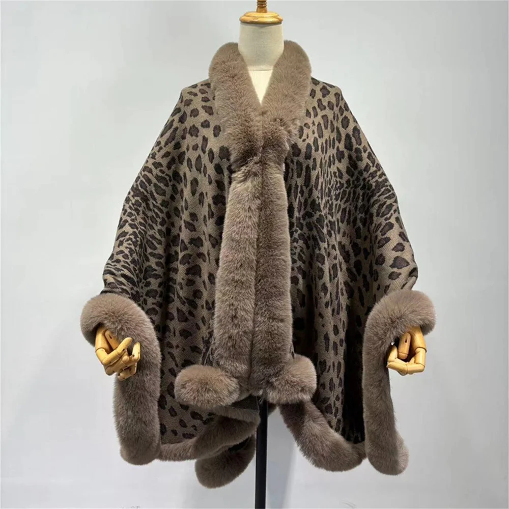 Ciepłe Oversize Leopard Printed Long Poncho Capes Women Wear Loose Overcoat Bat Type Winter Faux Fur Knitted Outstreet Shawl Cloak