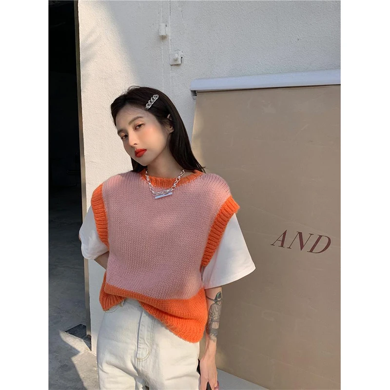 Streetwear Cropped Sweater Vests Women Sweet Patchwork Sleeveless Knitted Waistcoat Harajuku Korean Slim Short Knitwear Jumpers