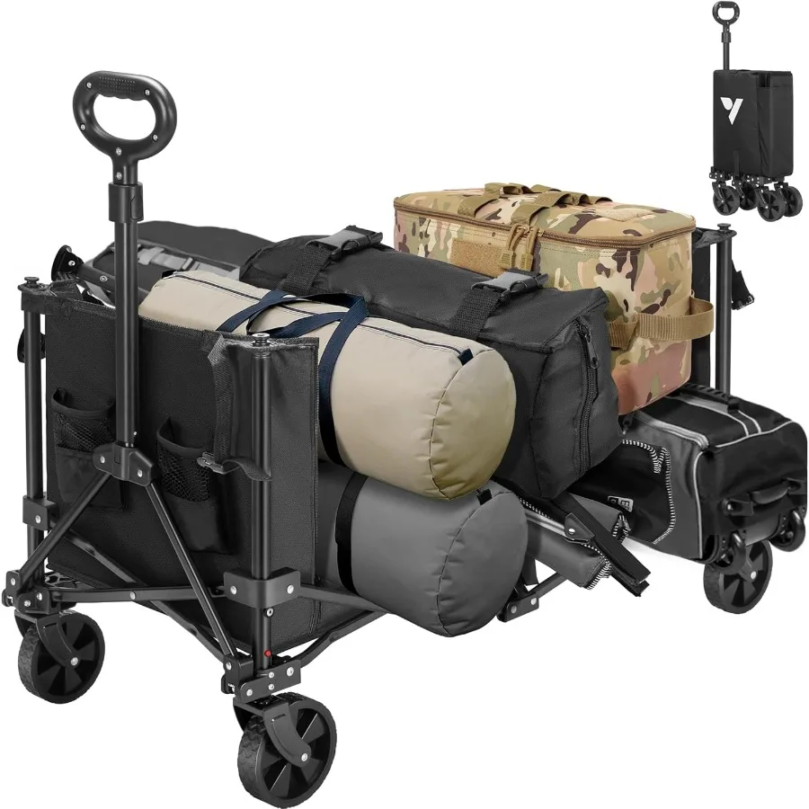 

Collapsible Wagon with Side Gates 220lb Load-Bearing Outdoor Utility with All-Terrain Wheels Adjustable Handle Cup Holders for