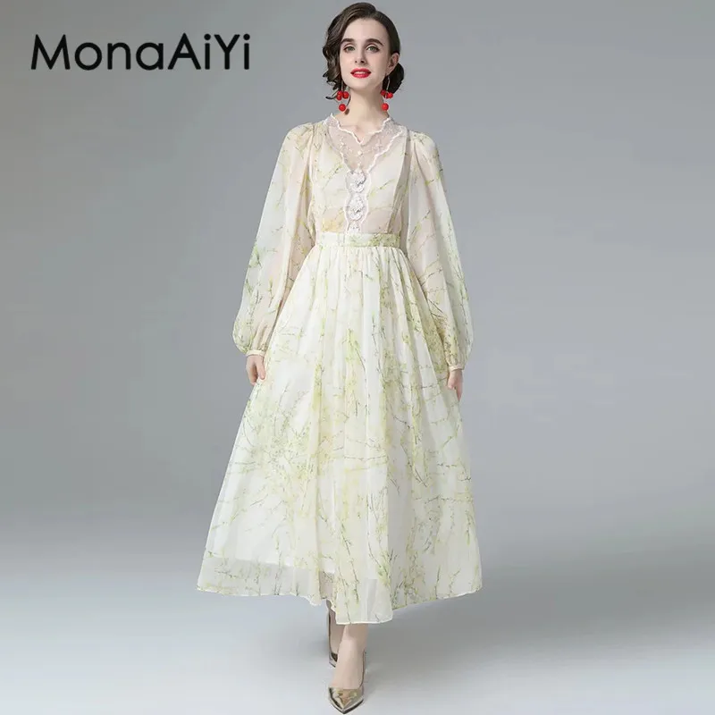 

MonaAiYi Autumn Women's Casual Holiday Dress V-Neck Mesh Embroidery Lantern Sleeved High Waiste Print Party Light Yellow Dresses