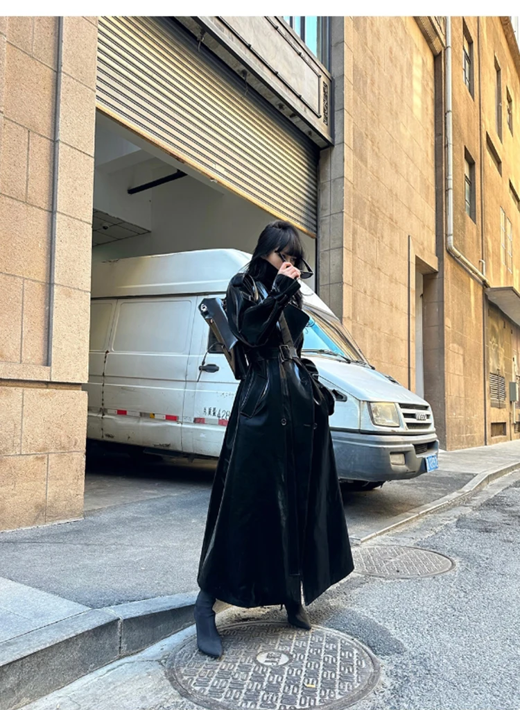 Lautaro Spring Autumn Extra Long Oversized Cool Reflective Shiny Black Patent Leather Trench Coat for Women Belt Runway Fashion