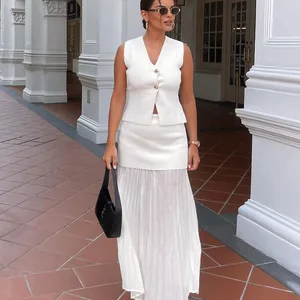 Trafza Female Set 2 pieces with sleeveless V -neckline Top mesh button + Amendment High Zipper Side Skirt to Traf ankle 10 Main Sales Set Cropped and Skirt - №7