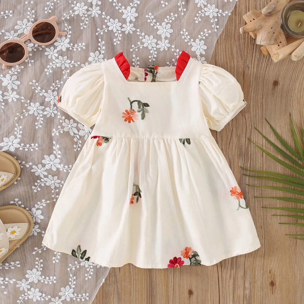 Baby Girl Dress Summer Flower Embroidered Short Sleeve Girl Princess Dress Cute Bubble Sleeve Girl Birthday Party Dress