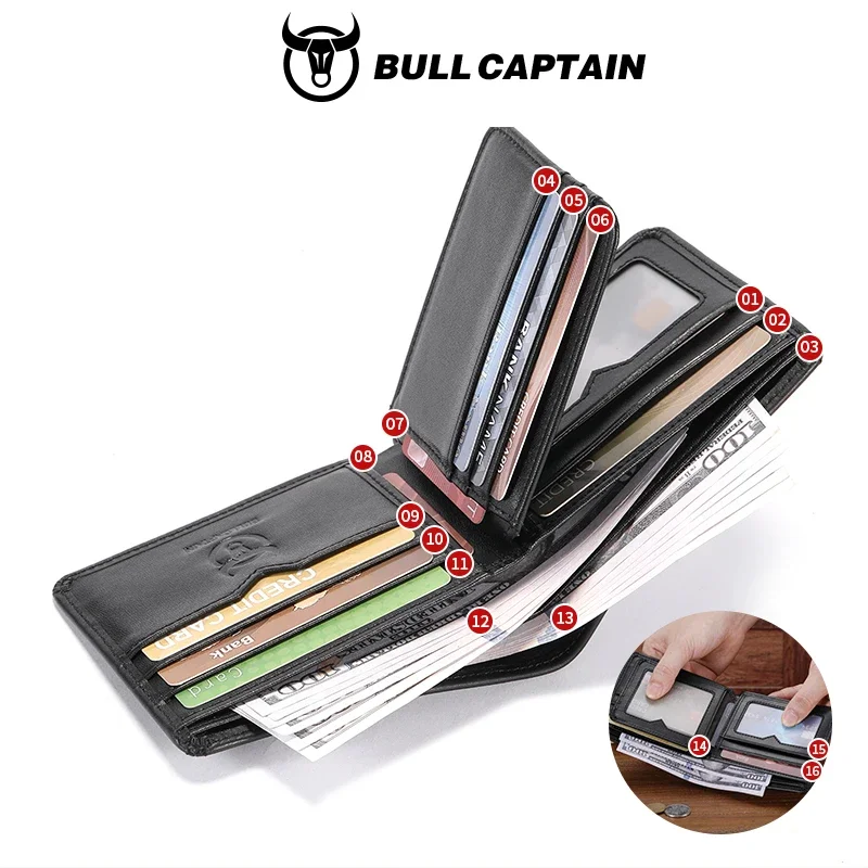 BULLCAPTAIN Men's Genuine Leather Wallet Business Casual Cash Clip Multifunctional RFID Antimagnetic Multi-Card Slot Coin Purse