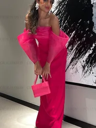 Hot Pink Formal Occasion Dresses 2023 Pleat Mermaid Long Party Dress Satin Short Sleeves Lace Up Sexy Evening Gowns فساتين حفلات