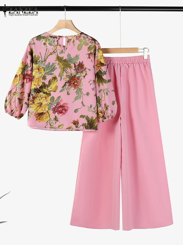 ZANZEA Spring 2pcs Outfits Women Pant Sets 3/4 Sleeve Floral Printed Blouse Loose Trousers Suits Elegant Work Tracksuit Oversize