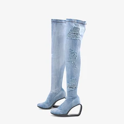 Blue denim pointed toe 8cm high strange heels club slip-on autumn winter keep warm sexy women over the knee boots HL565 MUYISEXI