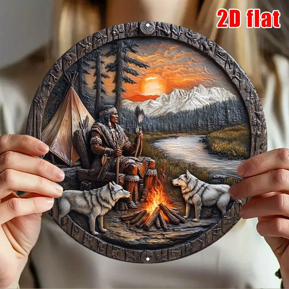 Aluminium-Wandkunst Metallschild, Indische Landschaft Lagerfeuer-Schild, Wasserfeste Rustikale Dekoration für Zuhause, Garten und als Geschenk
