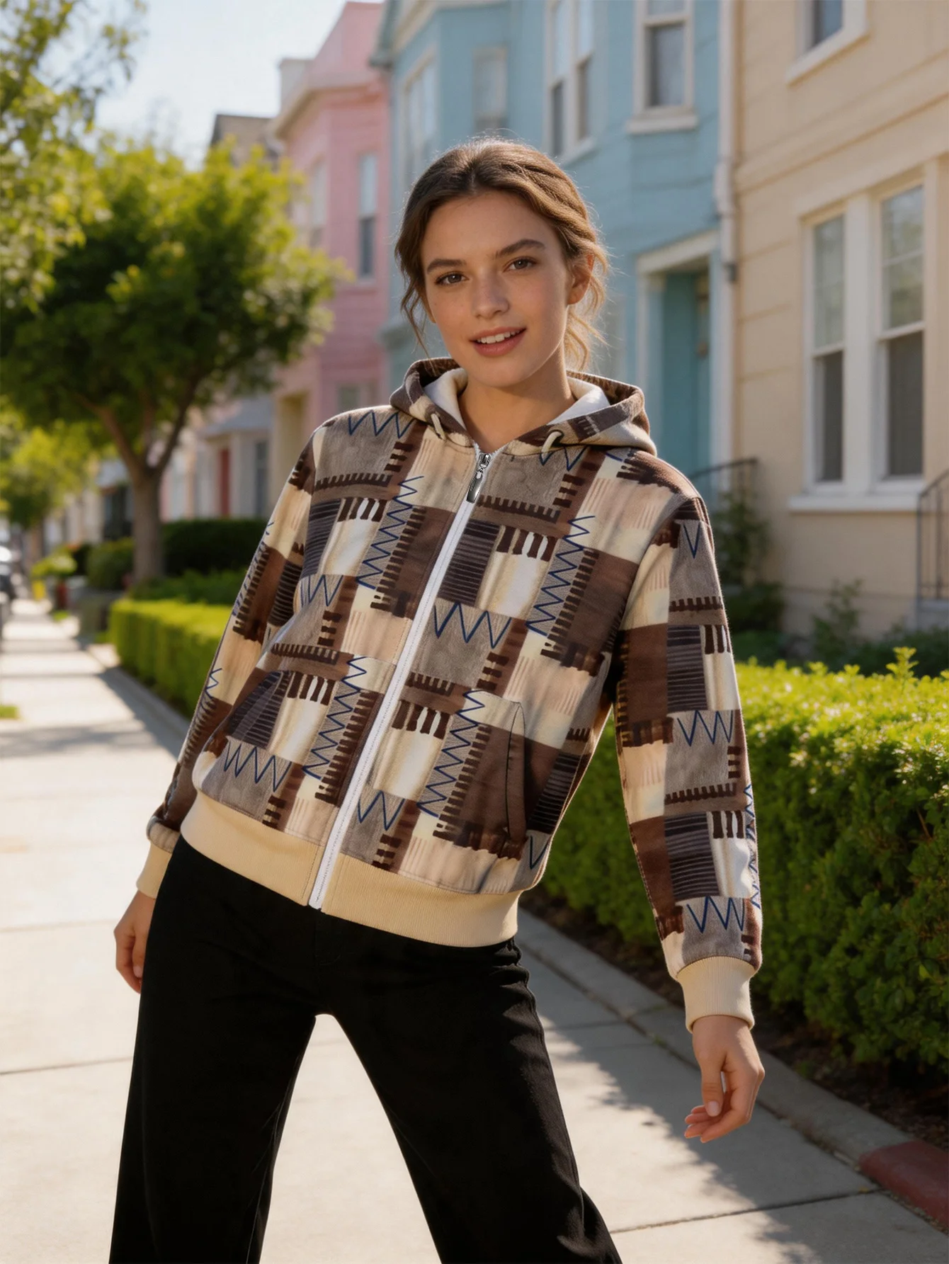 Long-sleeved loose hooded zippered women's sweatshirt, suitable for spring and autumn, slimming and versatile for layering