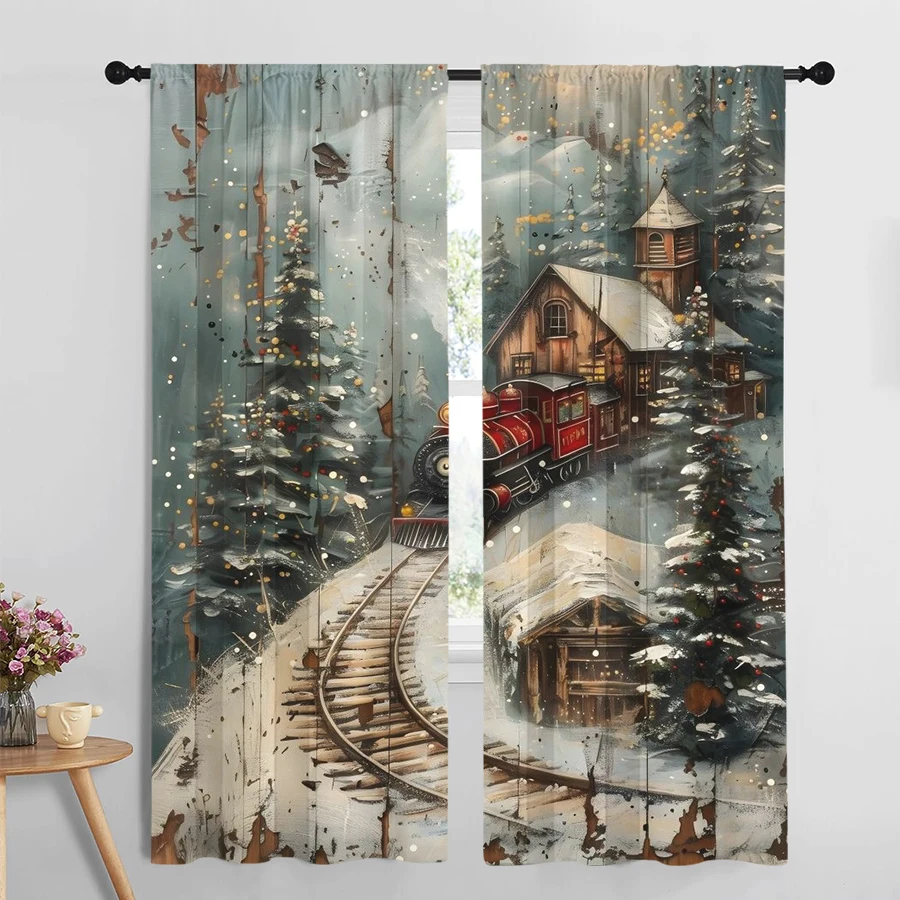 2PCS Christmas Train Curtains, Vintage Wooden Board Snowy Village Scene, Retro Holiday Locomotive Window Drapes for Bedroom