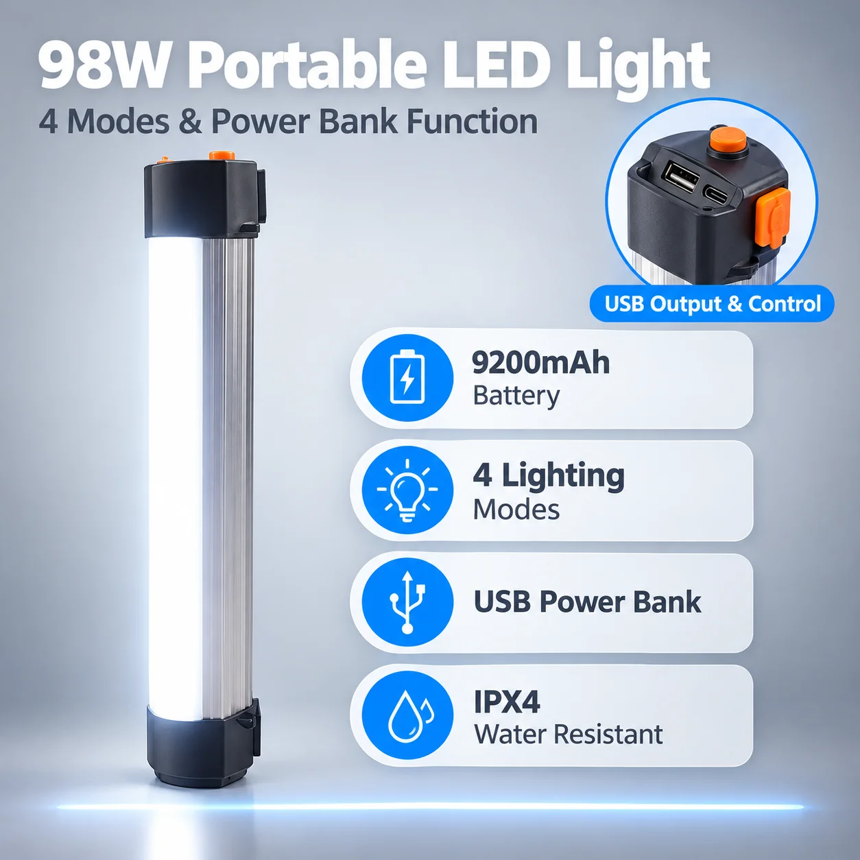 Multifunctional Rechargeable LED Work Light 98W 9200mAh, 4 Lighting Modes (White/Warm/Neutral/Strobe), USB Power Bank