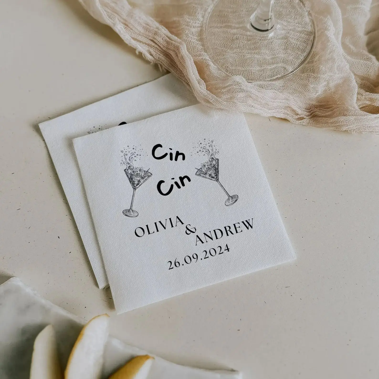 

50pcs Personalized Cin Cin White Paper Napkins for Engagement, Rehearsal Dinner, Wedding Custom Cheers Cocktail N