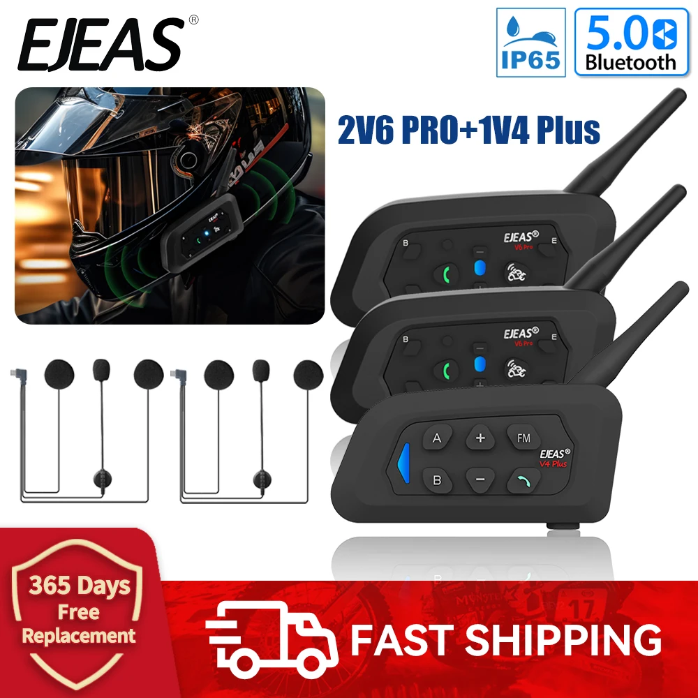 2PCS EJEAS V6 PRO+V4 Plus Motorcycle Helmet Intercom 3 Rider Group Talking Bluetooth Headset Full Duplex Communicator Waterproof