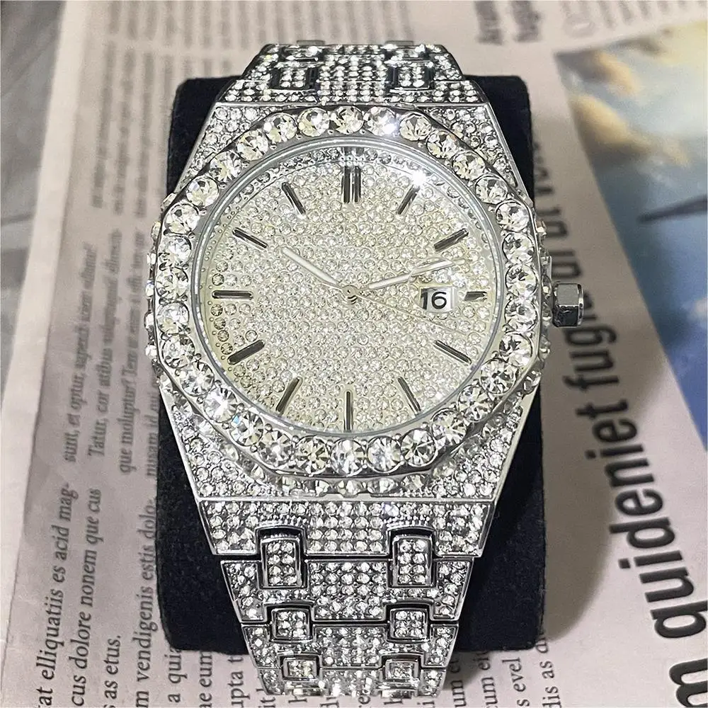 Luxury Fashion Iced Watch Men Automatic Date Stainless Steel Quartz Clock Hip Hop Full Diamond Bling Jewelry Wristwatch Man 2023