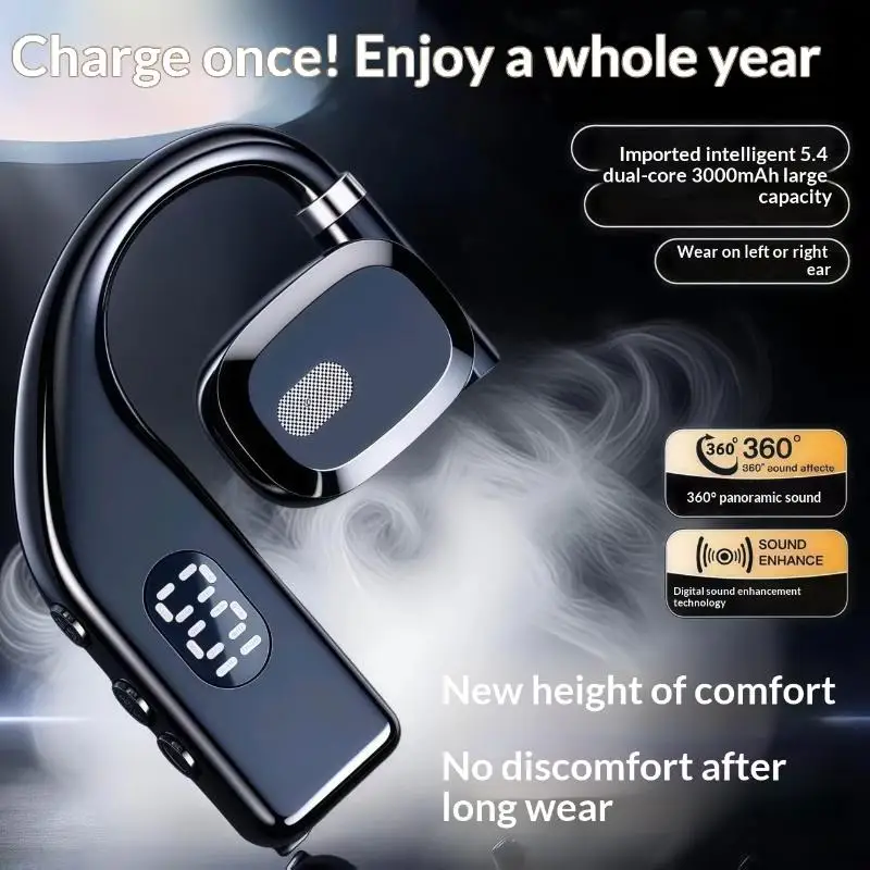 Single Ear Wireless Bluetooth Earpiece Wide Compatibility 360 Surround Sound Long Battery Headset for All Smart Phones