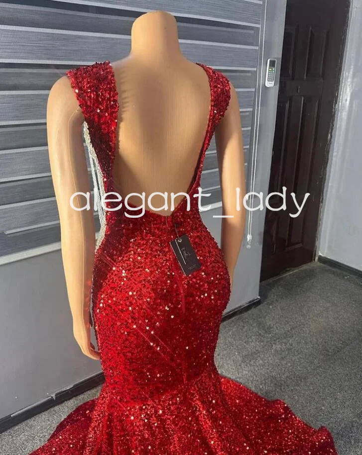 Red Sparkly Velvet Trumpet Evening Gala Dresses Crystal Applique Applique Backless Prom Birthday Gown vestidos de fest custmsize