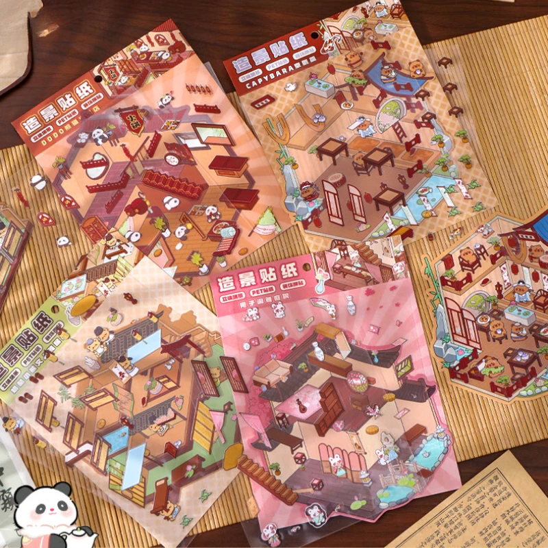 2 قطعة/الحزمة ملصقات المناظر الطبيعية Kawaii DIY بها بنفسك المقصورة المشهد التراص لصق حساب اليد سكرابوكينغ المواد سجل القصاصات عدة #4