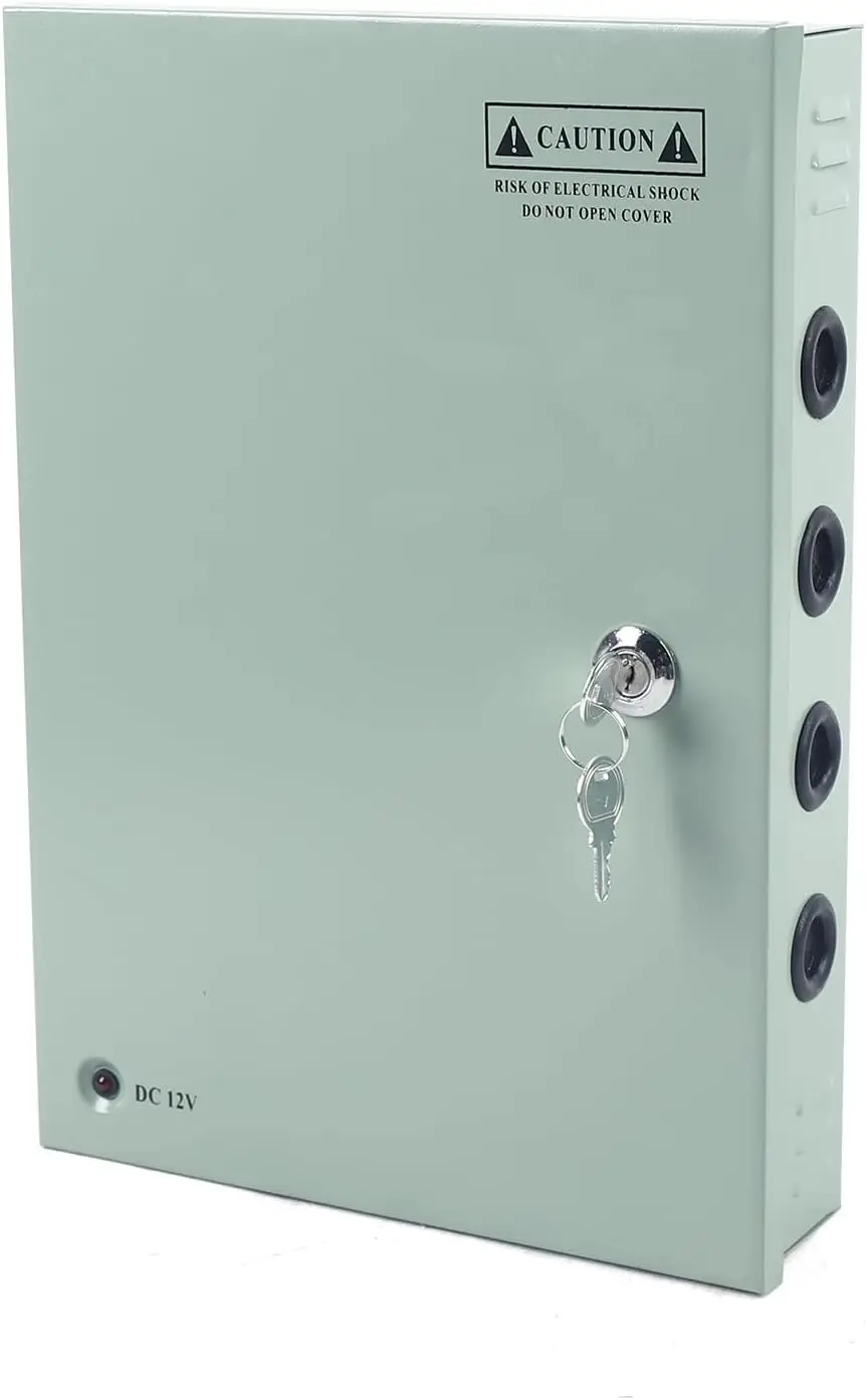 18 Channel 12v 30a Power Supply Distribution Box Lock Security Multiple Camera, DC Distributed Power Box with AC Plug and Lock
