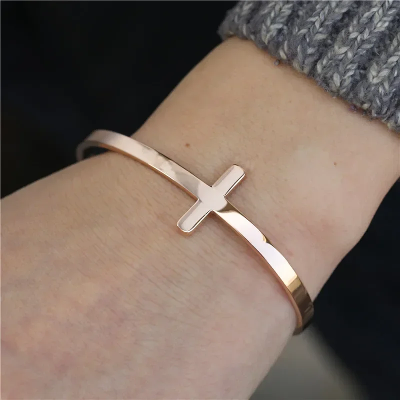 Trendy Silverly Simple Cross Cuff Bracelet Stainless Steel Sideways Open Cuff Bracelets Bangle For Women Men Unisex Jewelry Gift