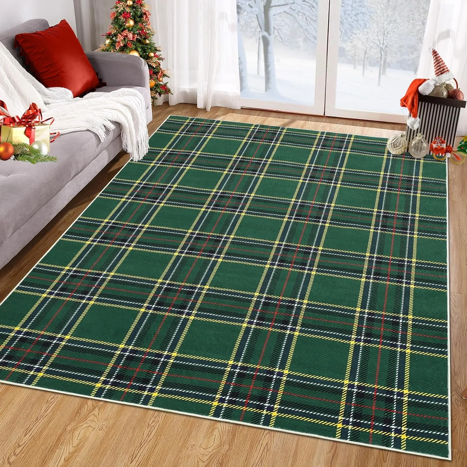 

Christmas Living Room Carpet Machine Washable Non-slip Floor Mat Green Plaid Lines Rug Christmas Gift Home Decoration Mats 양탄자
