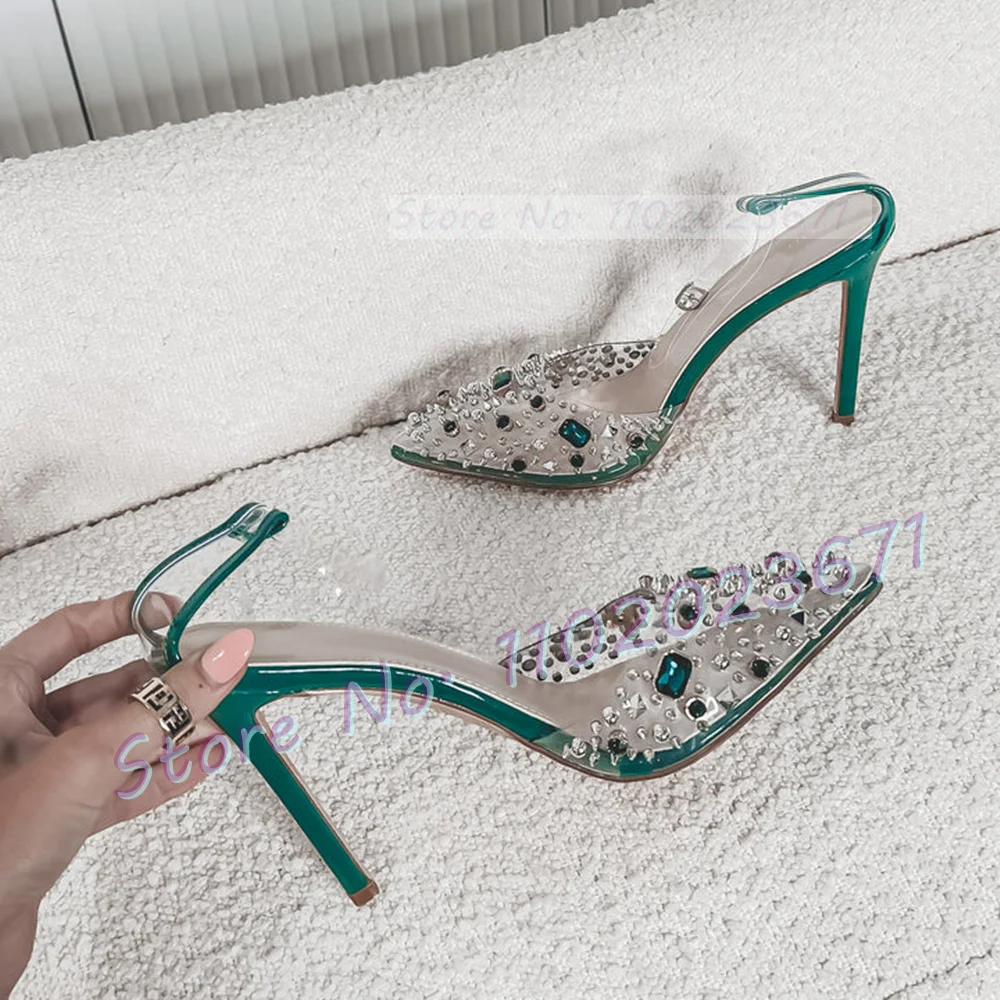 Studded Skinny Heels Pvc Sandals Women Summer Luxury Colorful Gems Clear Shoes Female Sweet Pointy Ankle Strap Banquet Sandals