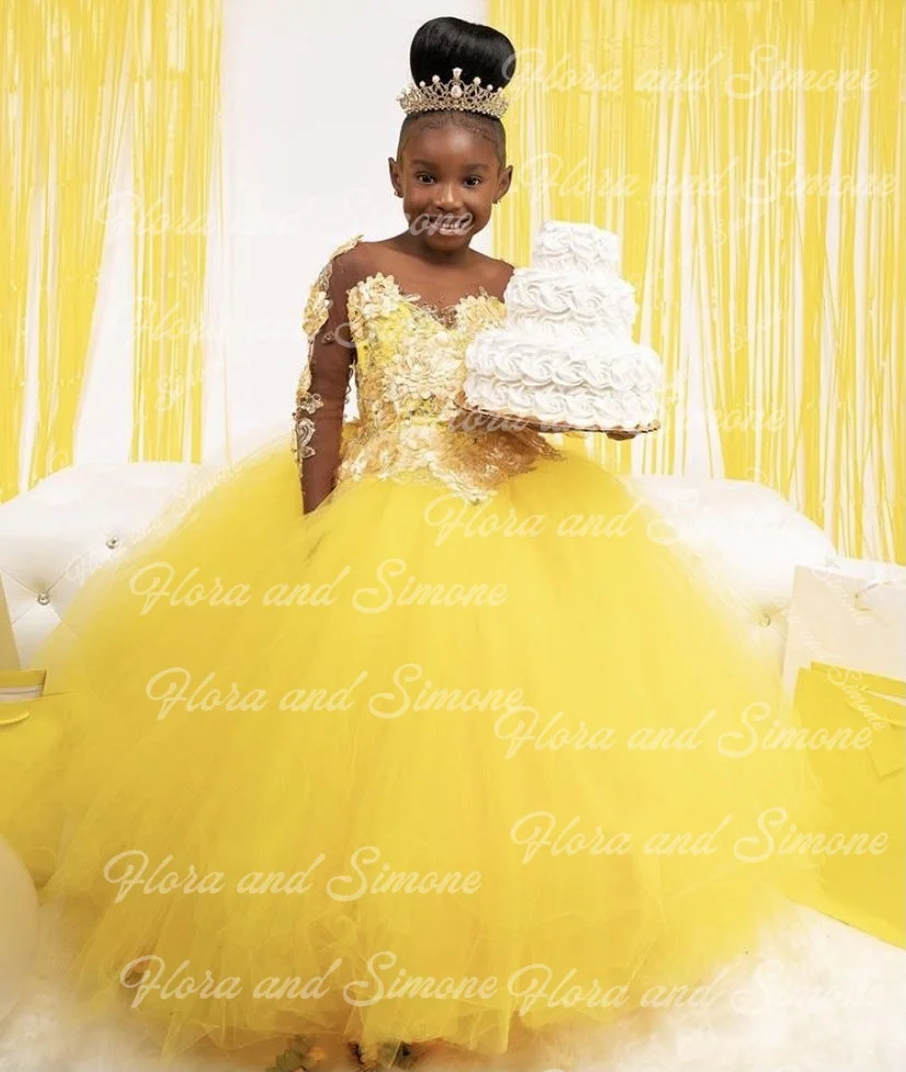 Vestido amarillo bordado de manga larga con encaje y flores para niñas, vestido de fiesta de princesa, actuaciones de baile para niños, sesiones fotográficas personalizadas