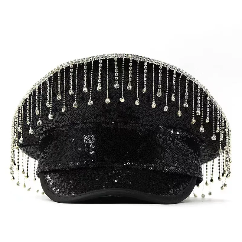 HongLuan Yellow Laser Leather Loop Captain Hat Rhinestone & Military Caps for Woman, Rave Festivals Accessories ＆ Party Cap Man