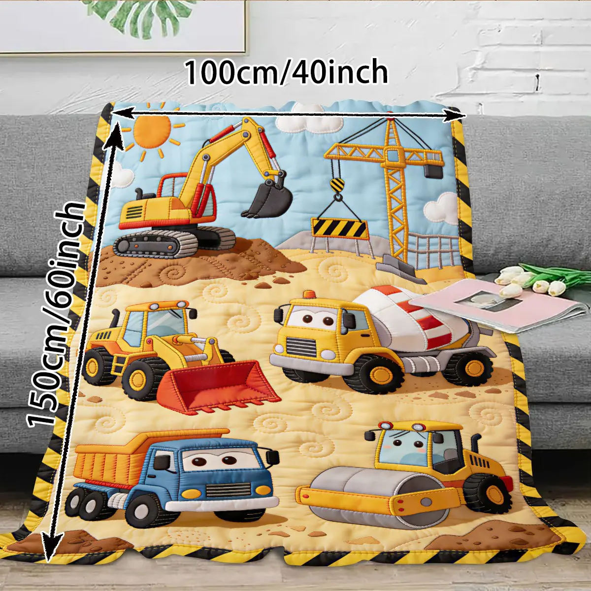 1pc 2D Printed Lightweight Flannel Blanket, Construction Site Cartoon Engineering Vehicle Blanket, Excavator Bulldozer Pattern N
