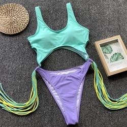 Patchwork Fringe Bikini Cut Out Rings Monokini One-Piece Swimsuit Women Beach Bathing Suit Luxury Bikinis Y2K Vacation Swimwears