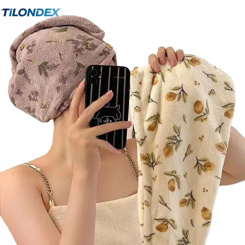 TILONDEX 1PC Floral Print Microfiber Hair Drying Towel Cap, Quick-Dry Turban Wrap (65×25cm)