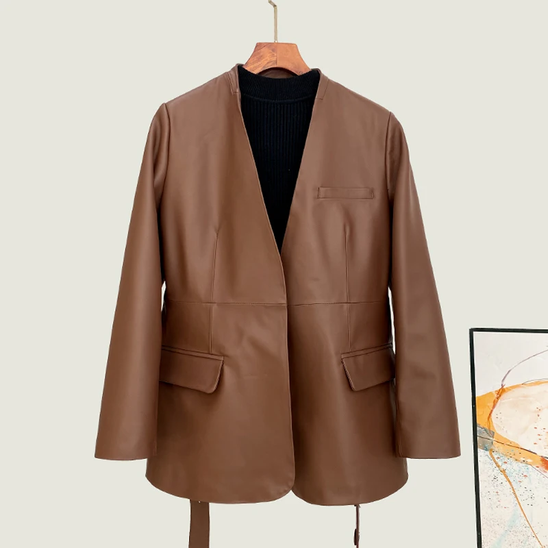 M-3XL Chic V-neck Real Leather Blazer Jacket Coats Fashion Lace-up Belt Ladies Black/Brown Long Sleeve Sheepskin Suit Jackets