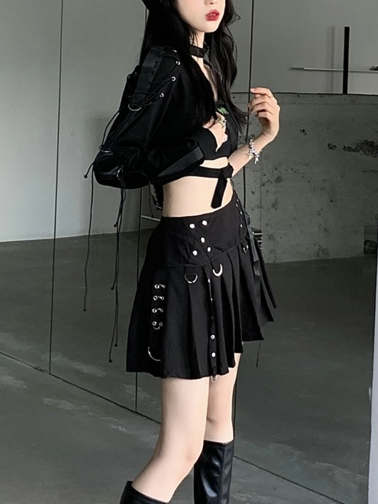 Y2k aesthetics Dark Gothic Short Skirt Women's Summer High Waist A-line Mini Pleated Skirt Spice Girls Punk E-girl Streetwear
