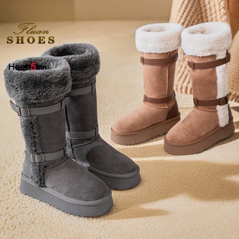 

2025 Новые зимние коричнево-серые женские длинные зимние ботинки на толстом каблуке 5 см, пряжка на ремне, плюшевая толстая трубка, теплая хлопковая обувь, размер 40