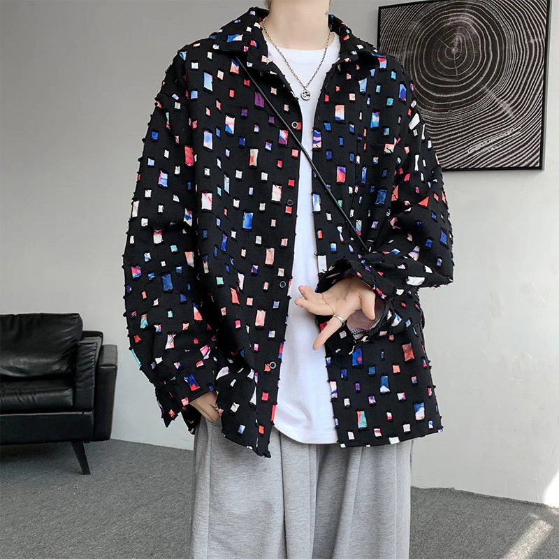 

Men's Loose Long Sleeve Shirt Tear Design Spring Autumn New Style Casual Shirt Large Size Coat Youth Trend Wear Resistant
