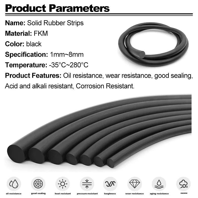 Black FKM Rubber Solid Strip Oil Resistance Round O-Bar Diameter 1.8/ 2/2.5/3/3.5/4/4.5/5/5.5/6mm Not Foaming Good Compression