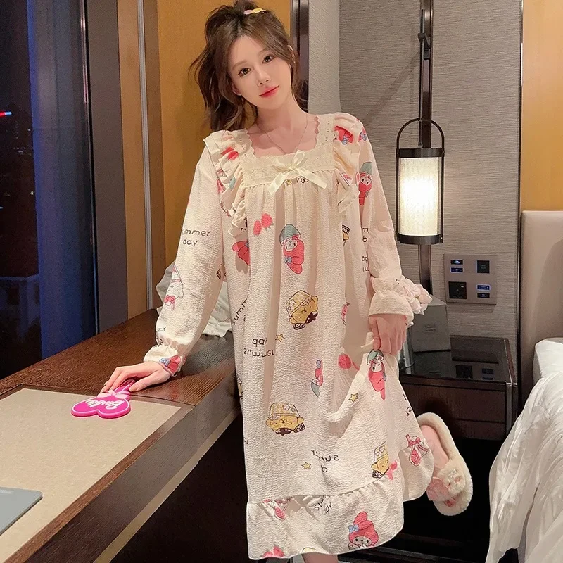 110kg 5XL Plus Size Cartoon Home Dress Korean Students Wrinkled Cloth Pajamas Autumn Long Sleeved Nightgown Princess Loungewear