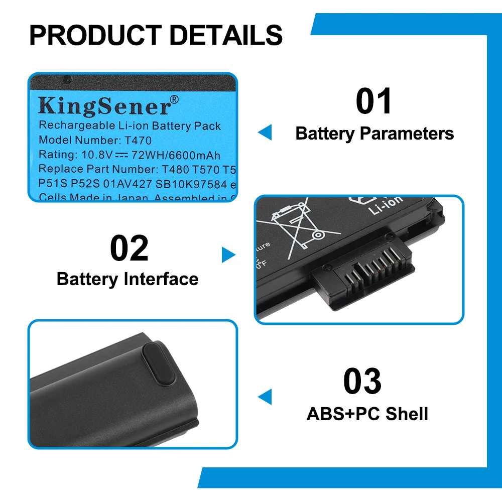 KingSener 01AV427 01AV428 Laptop-Akku für Lenovo ThinkPad T470 T480 T570 T580 P51S P52S 01AV423 SB10K97580 61++ 10,8V 6600mA – Detail 5