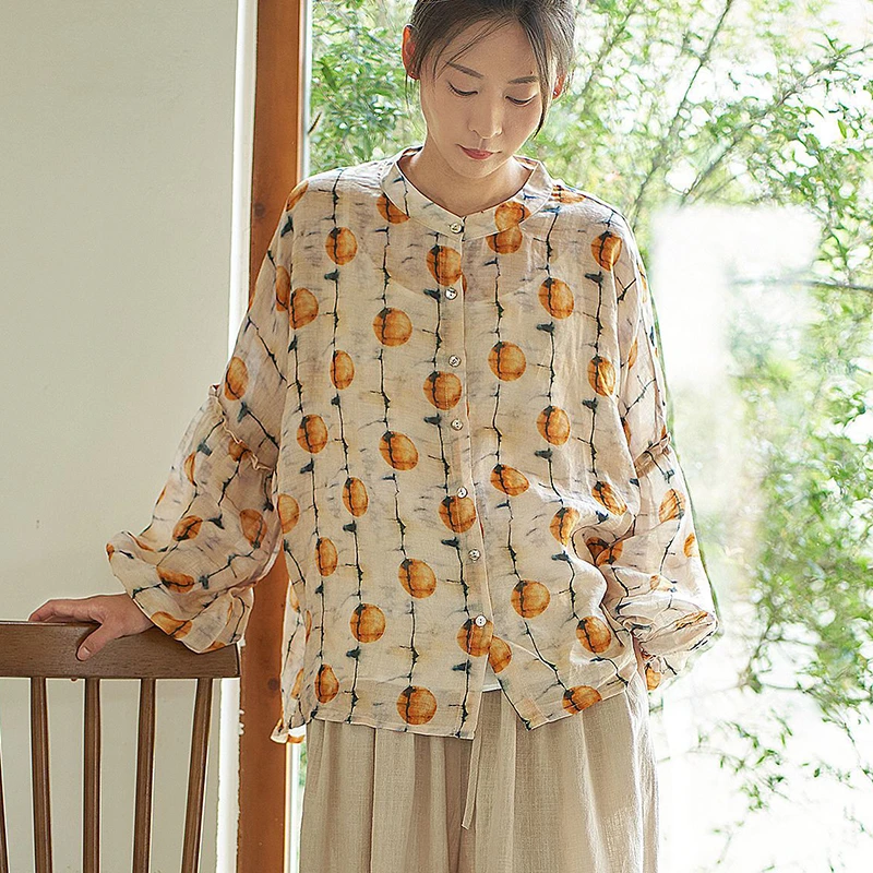 

Women Long Sleeve Linen Shirt New Arrival 2025 Autumn Vintage Style Stand Collar Floral Print Female Casual Tops Shirts M1836