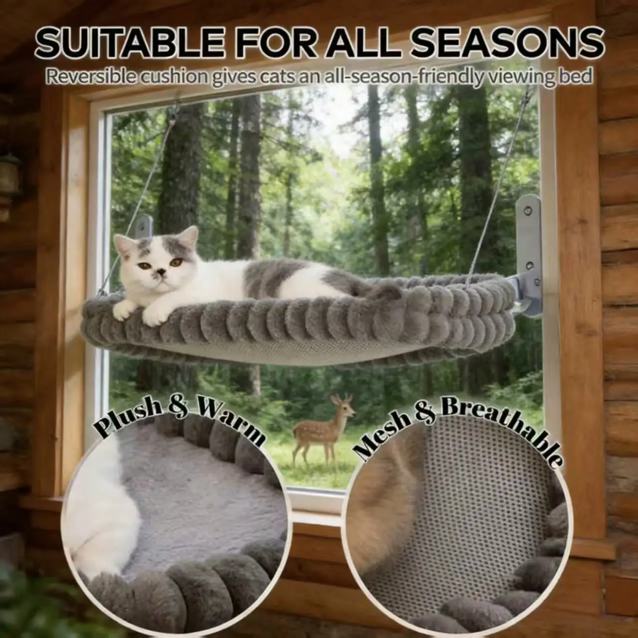 Cat Stuff Puppy Keep Search Cat Window Perch, Foldable Cat Window Hammock Bed Cordless Indoor Wall Shelves, Strong Metal Frame Holds 30lbs, Reversible Washable Sherpa Cover