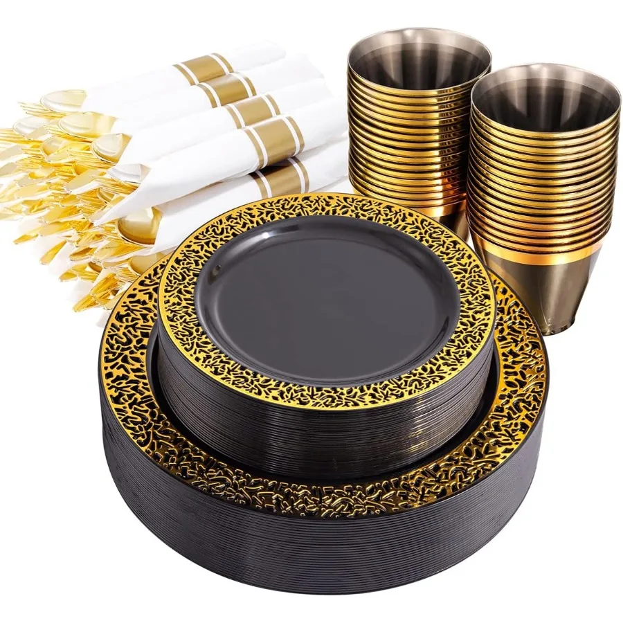 

210 шт., набор черной и золотой посуды, черные одноразовые тарелки и салфетки, товары для вечеринок, в комплект входят 60 тарелок для ужина, десертов, 30 преду