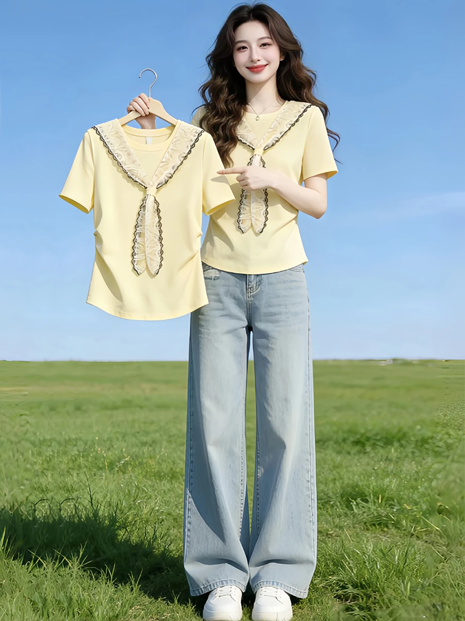 Elegant Lace Shoulder Wrap Short Sleeve T-Shirt Women Summer plus Size Design Slimming Stylish Top Casual Universal Loose Fit