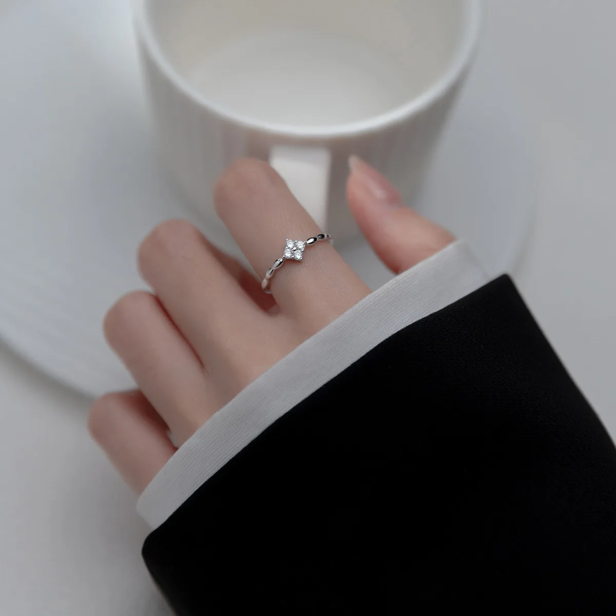 

European Style Shiny Geometric Zircon Adjustable Ring For Women S925 Pure Silver Fashionable Daily Jewelry Matching