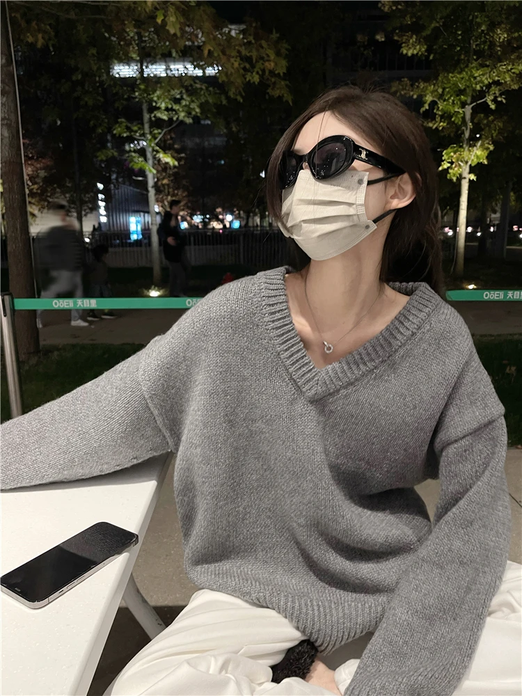 

Утепленный шерстяной вязаный свитер с V-образным вырезом, свободный крой, женский, осенне-зимний, теплый, уличный стиль, однотонный, с длинными рукавами, топ