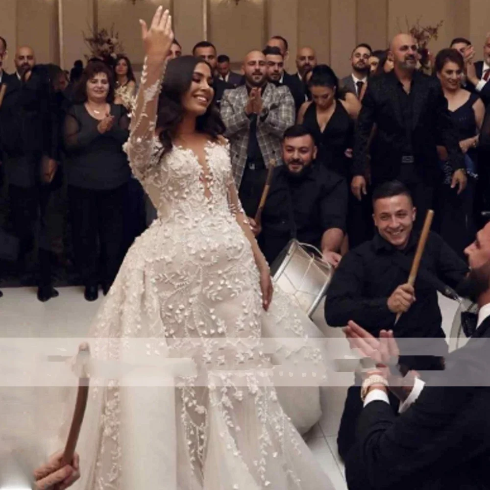 Flavinke Customized Charming Mermaid Wedding Dresses Detachable Train Lace Gowns V-Neck Long Sleeves Elegant Women Bride Dresses