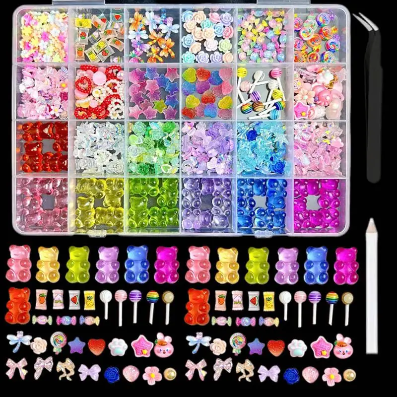 

1Box Colorful Transparent Jelly Bear Nail Art Charms Creative Lollipop Dragonfly Minimalist Bow Mixed Resin Nail Decorations DIY