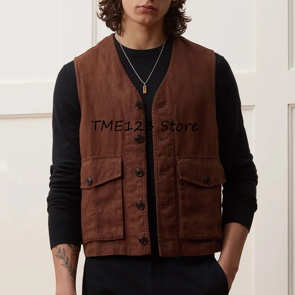

Best Men's Vests Light and Breathable Single-breasted Suit Vest Large Pockets Linen Fabric V-neck Fashion Suits Blazer Clothing