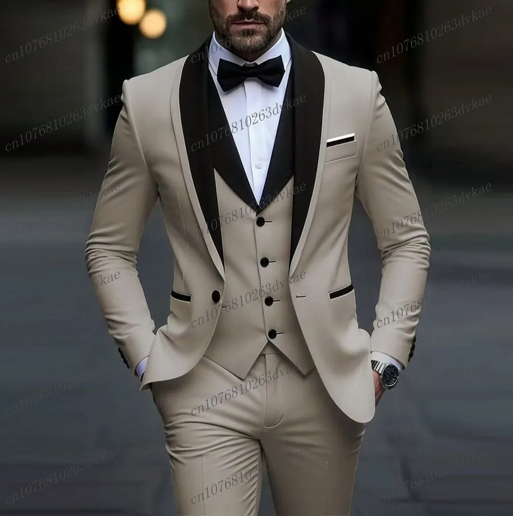 

New Black Collar And Khaki Men Suit Groom Groomsman Wedding Party Formal Business Male Tuxedo 3 Piece Set Blazer Pants Vest