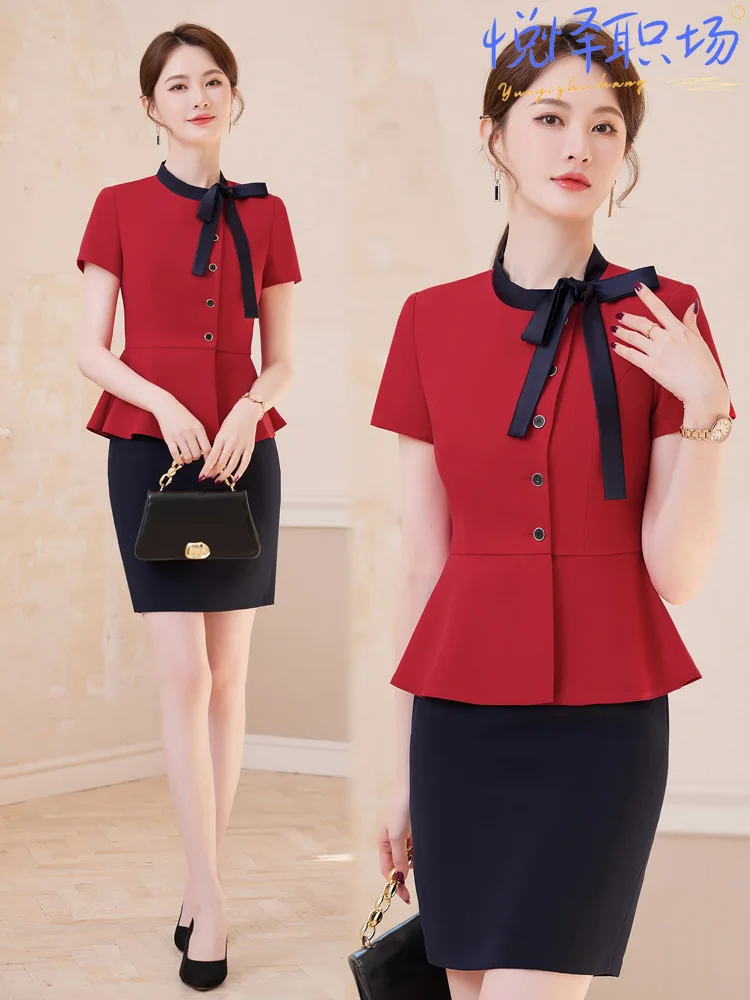 Hotel front desk receptionist professional suit for women, summer thin style, elegant, for beauticians and jewelry store staff,